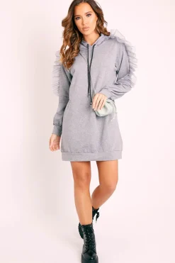 Rebellious Fashion Grey Mesh Frill Sleeve Hoodie Jumper Dress - Carlotta