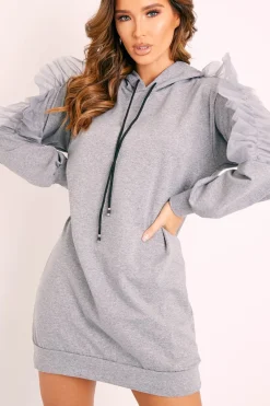 Rebellious Fashion Grey Mesh Frill Sleeve Hoodie Jumper Dress - Carlotta