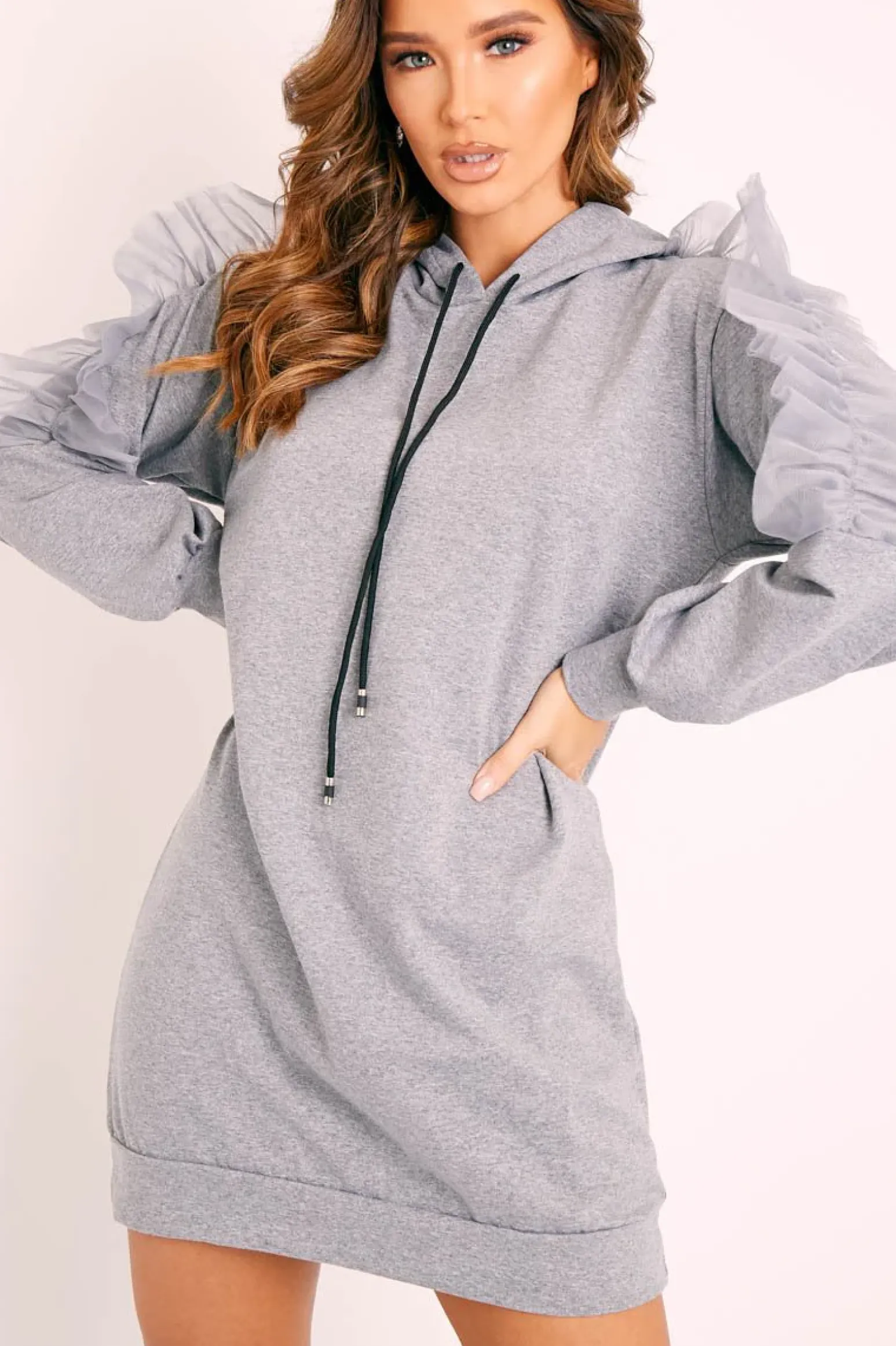 Rebellious Fashion Grey Mesh Frill Sleeve Hoodie Jumper Dress - Carlotta