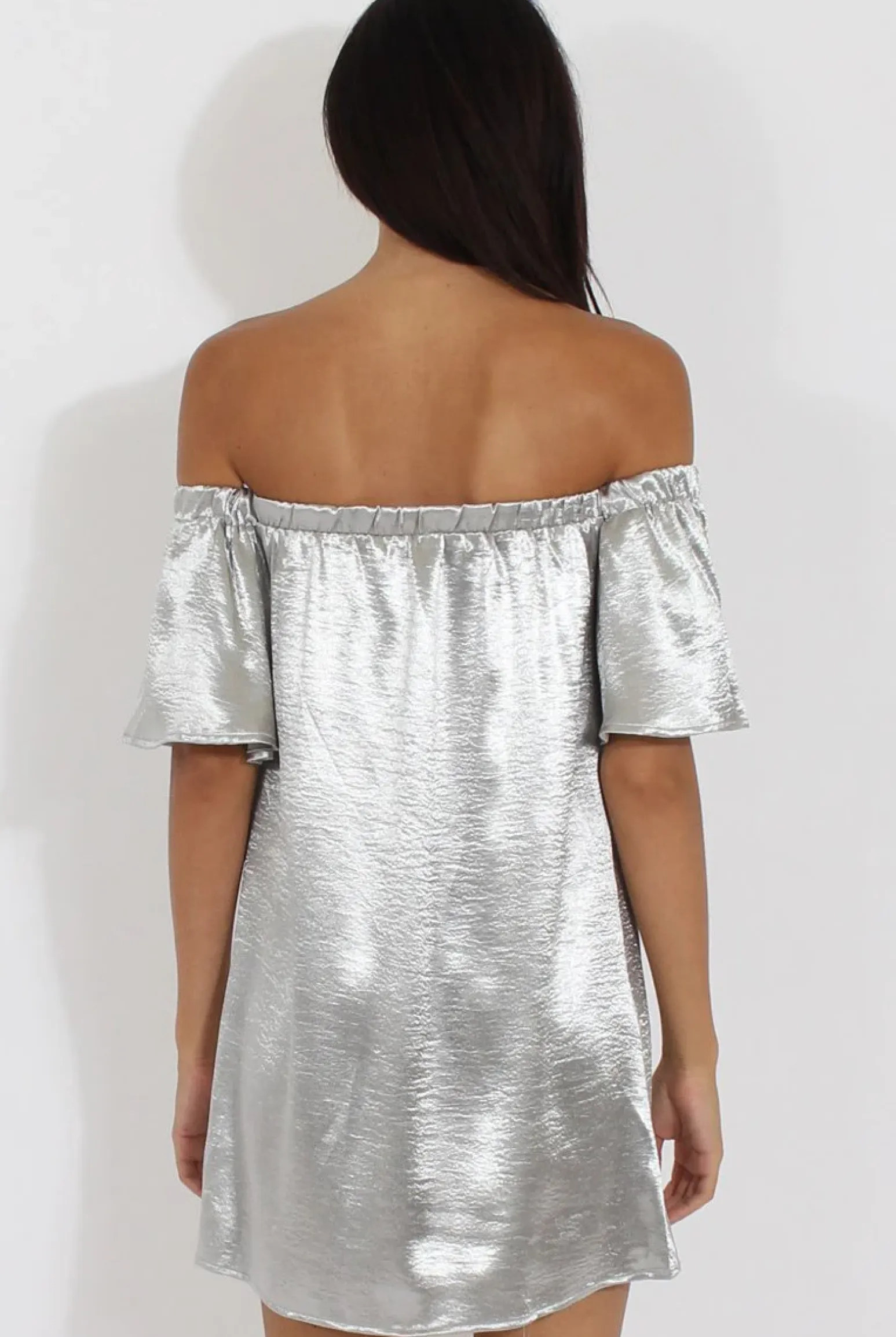 Rebellious Fashion Grey Metallic Bardot Dress - Maria