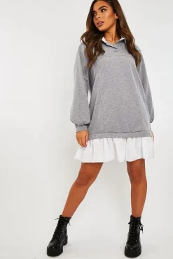 Rebellious Fashion Grey Oversized Jumper Shirt Dress - Islah