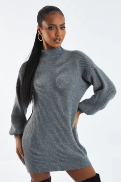 Rebellious Fashion Grey Oversized Knit Jumper Dress - Inez