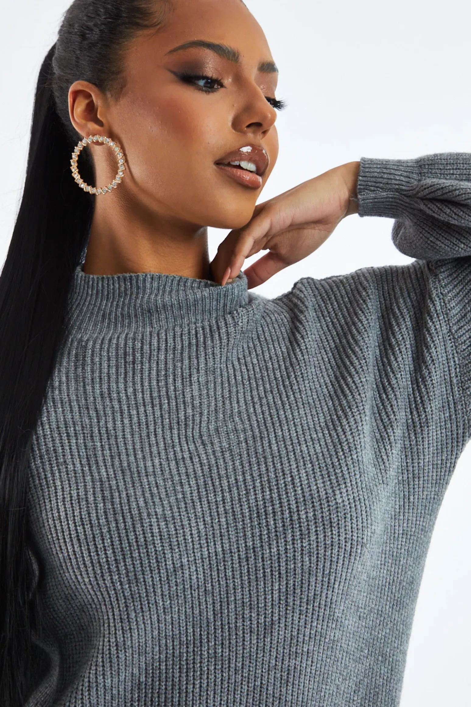 Rebellious Fashion Grey Oversized Knit Jumper Dress - Inez
