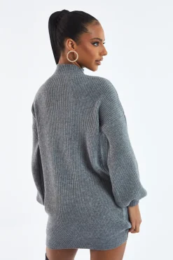 Rebellious Fashion Grey Oversized Knit Jumper Dress - Inez