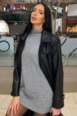 Rebellious Fashion Grey Oversized Knit Jumper Dress - Inez