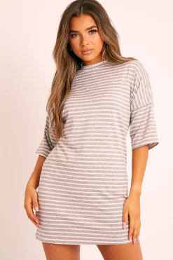 Rebellious Fashion Grey Pink Striped T-shirt Dress - Hanaa