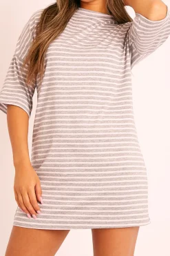 Rebellious Fashion Grey Pink Striped T-shirt Dress - Hanaa
