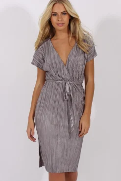 Rebellious Fashion Grey Pleated Tie Waist Midi Dress - Drew