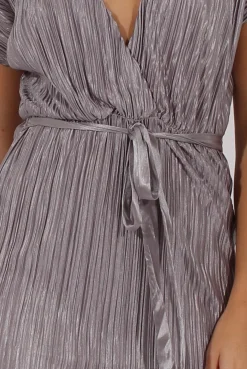 Rebellious Fashion Grey Pleated Tie Waist Midi Dress - Drew