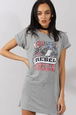 Rebellious Fashion Grey Rebel Slogan Print Tshirt Dress - Juan