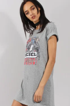 Rebellious Fashion Grey Rebel Slogan Print Tshirt Dress - Juan