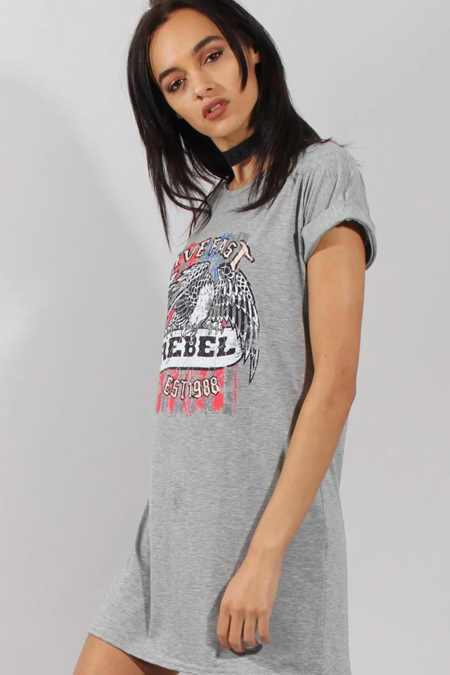 Rebellious Fashion Grey Rebel Slogan Print Tshirt Dress - Juan