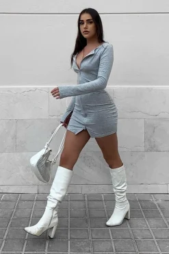 Rebellious Fashion Grey Ribbed Double Zip Bodycon Mini Dress - Bellani