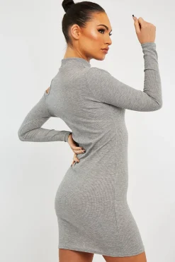 Rebellious Fashion Grey Ribbed High Neck Shoulder Cut Out Mini Dress - Carola