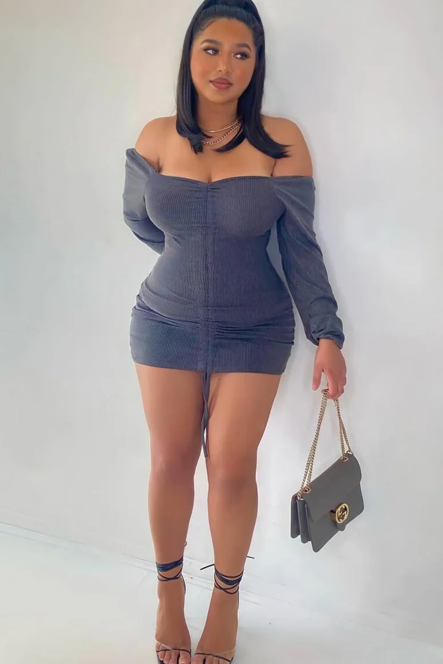 Rebellious Fashion Grey Ribbed Ruched Centre Mini Dress - Nahlia