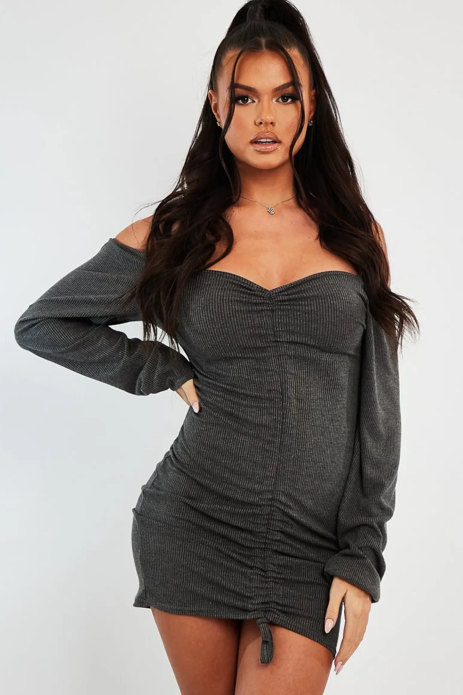 Rebellious Fashion Grey Ribbed Ruched Centre Mini Dress - Nahlia