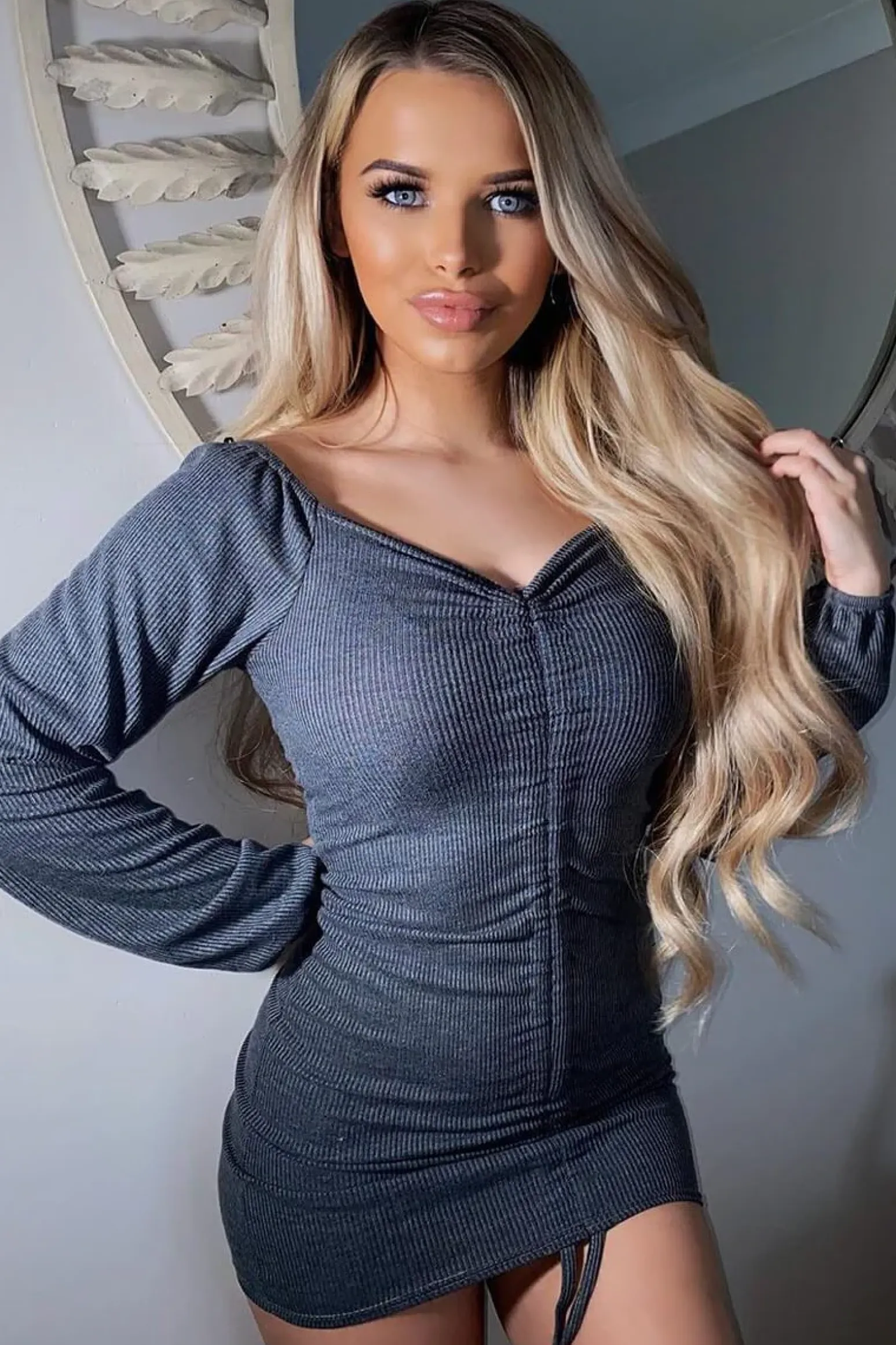 Rebellious Fashion Grey Ribbed Ruched Centre Mini Dress - Nahlia