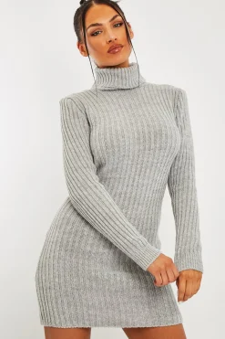 Rebellious Fashion Grey Roll Neck Knit Mini Dress - Franceska