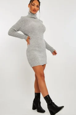 Rebellious Fashion Grey Roll Neck Knit Mini Dress - Franceska