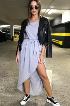 Rebellious Fashion Grey Scoop Neck Belted Wrap Maxi Dress - Allie