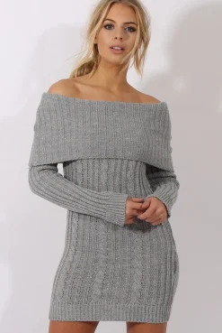 Rebellious Fashion Grey Sparkle Knit Bardot Jumper Dress - Kasey