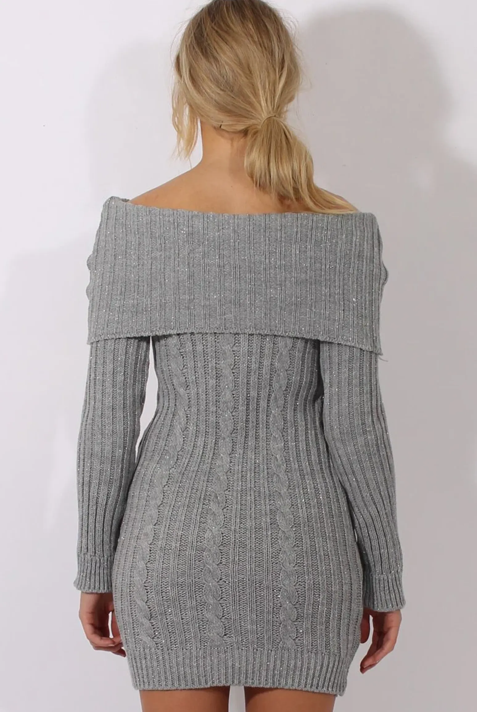 Rebellious Fashion Grey Sparkle Knit Bardot Jumper Dress - Kasey