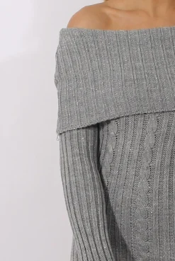 Rebellious Fashion Grey Sparkle Knit Bardot Jumper Dress - Kasey