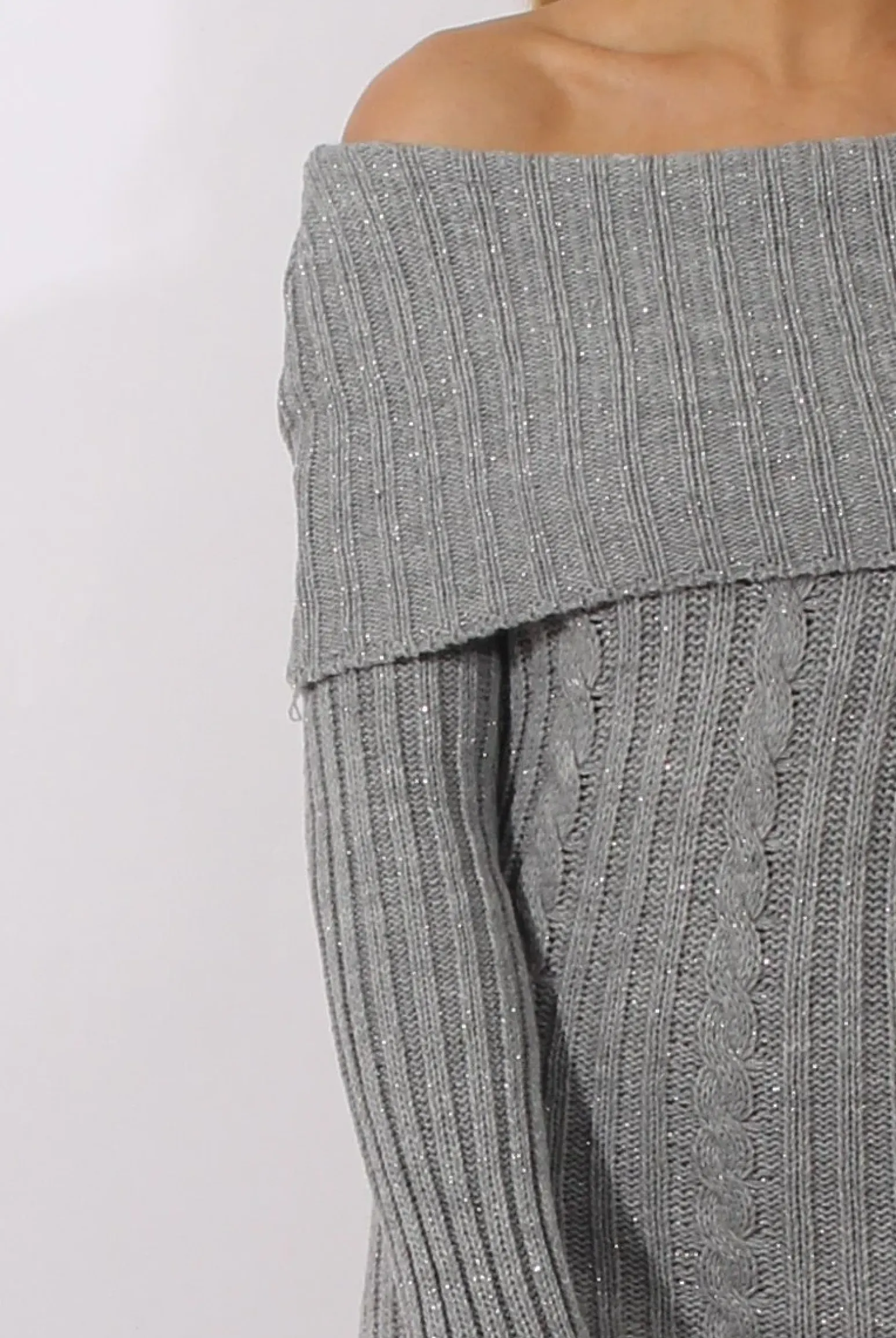 Rebellious Fashion Grey Sparkle Knit Bardot Jumper Dress - Kasey