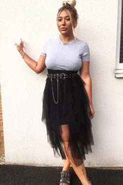 Rebellious Fashion Grey Top Black Tulle Skirt Dress - Pola