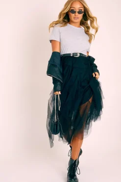 Rebellious Fashion Grey Top Black Tulle Skirt Dress - Pola