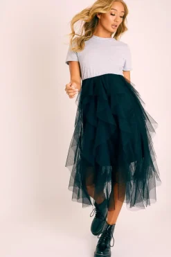 Rebellious Fashion Grey Top Black Tulle Skirt Dress - Pola