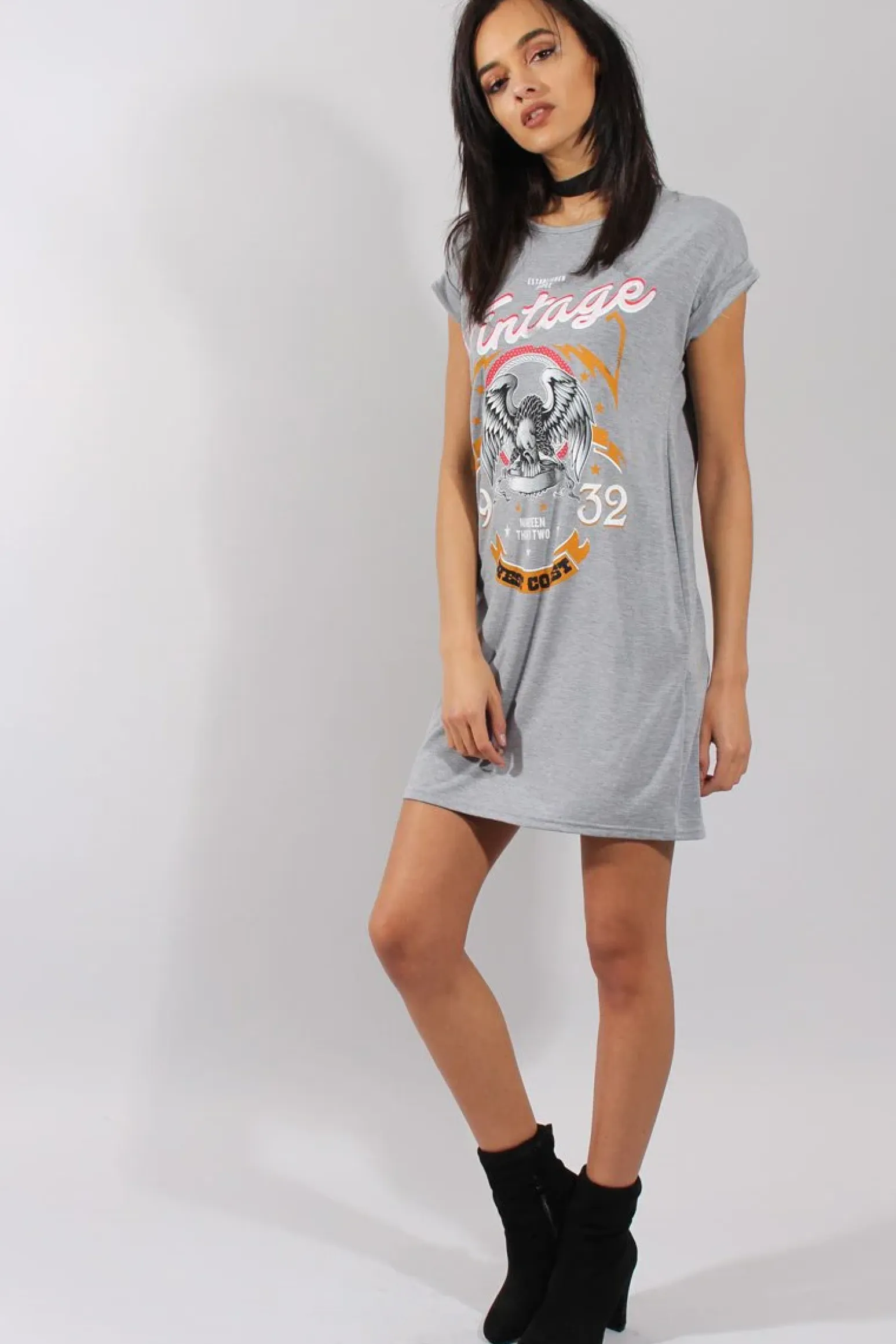 Rebellious Fashion Grey Vintage Eagle T-Shirt Dress - Eloise