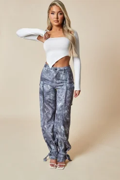 Rebellious Fashion Grey Abstract Print Tie Hem Cargo Trousers - Fern