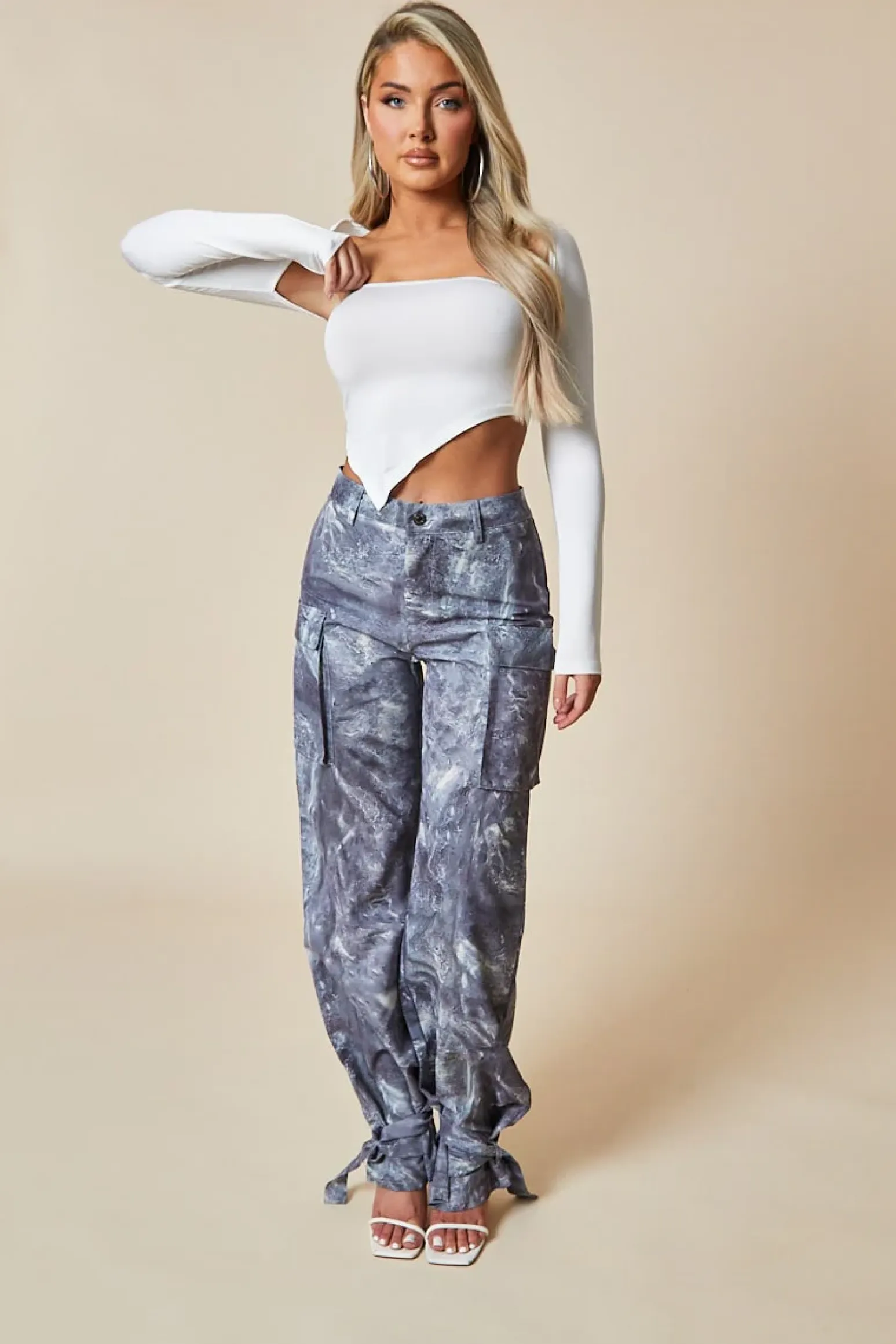 Rebellious Fashion Grey Abstract Print Tie Hem Cargo Trousers - Fern