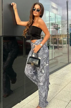 Rebellious Fashion Grey Abstract Print Tie Hem Cargo Trousers - Fern
