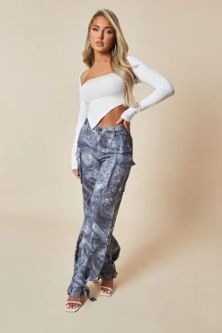 Rebellious Fashion Grey Abstract Print Tie Hem Cargo Trousers - Fern