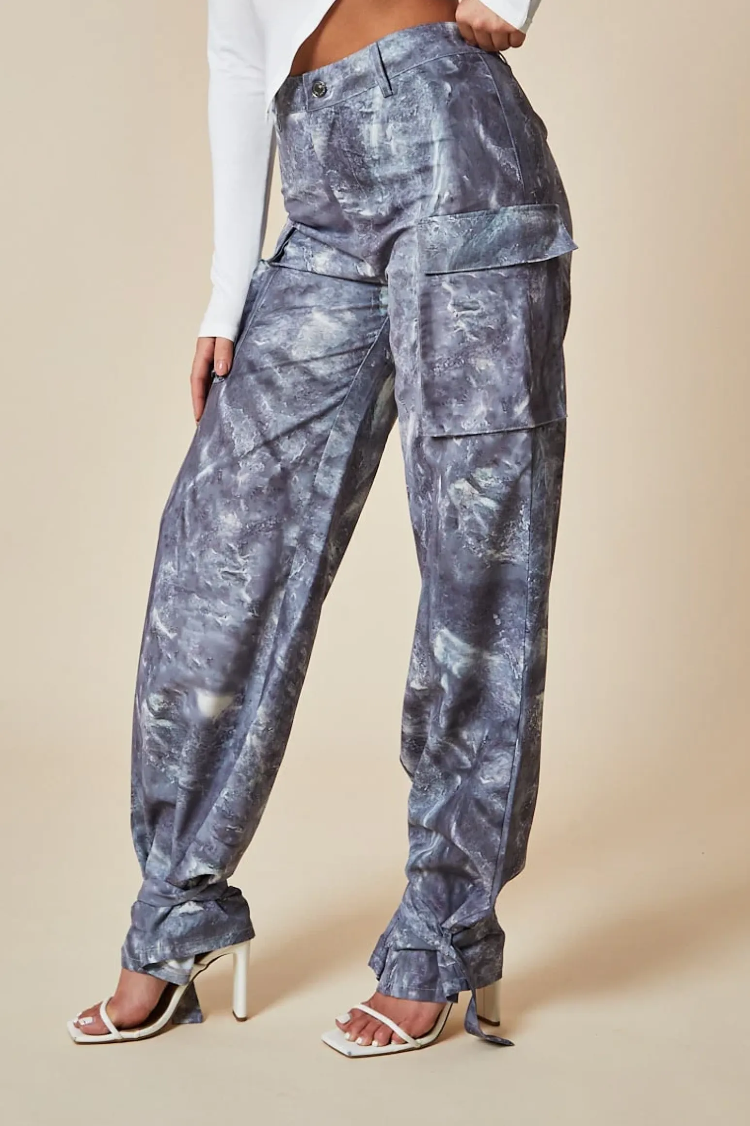 Rebellious Fashion Grey Abstract Print Tie Hem Cargo Trousers - Fern