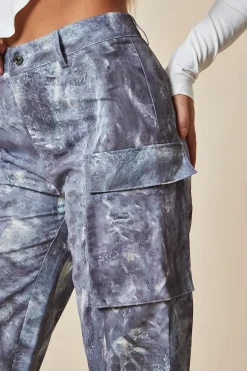 Rebellious Fashion Grey Abstract Print Tie Hem Cargo Trousers - Fern