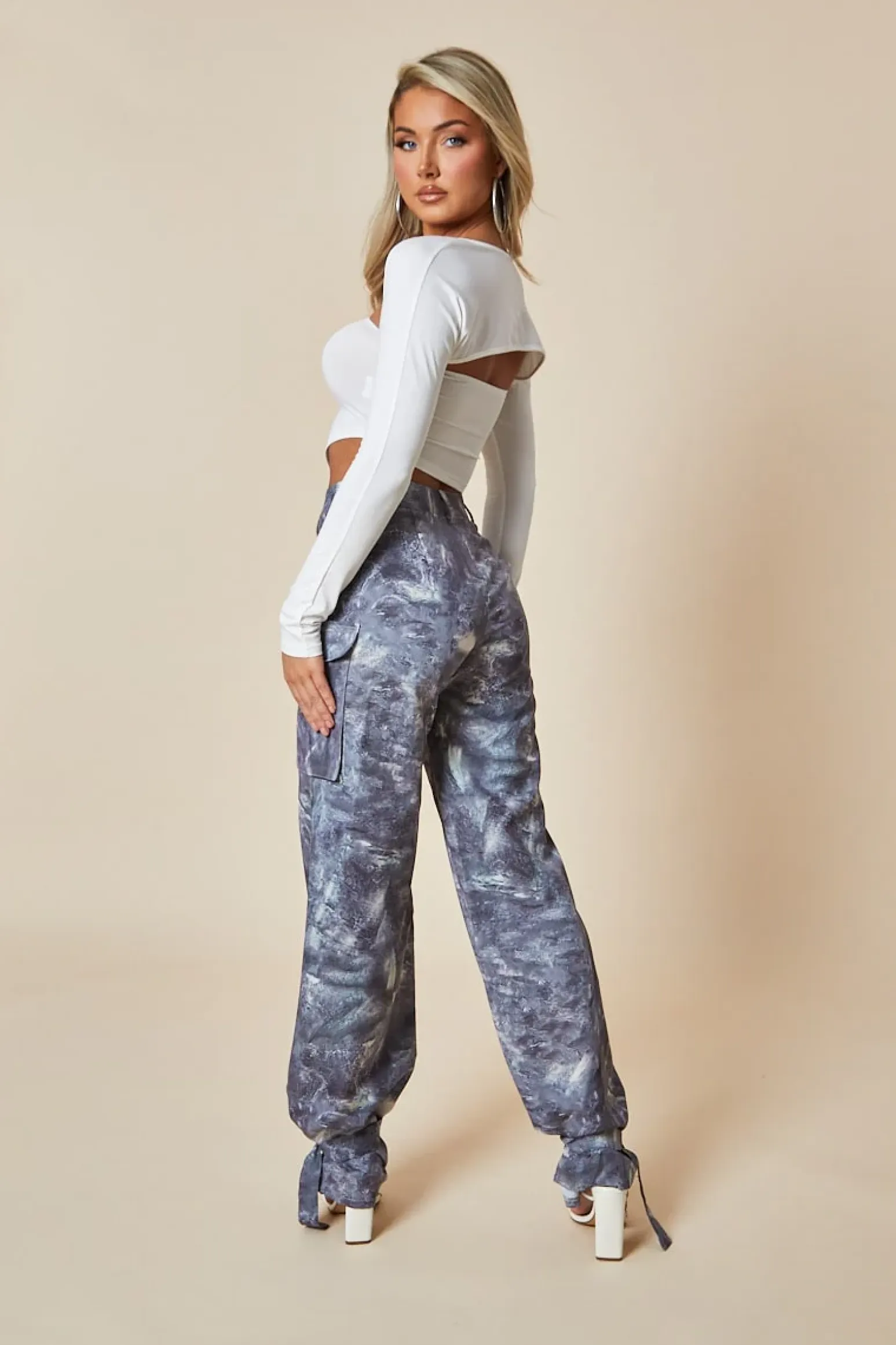 Rebellious Fashion Grey Abstract Print Tie Hem Cargo Trousers - Fern