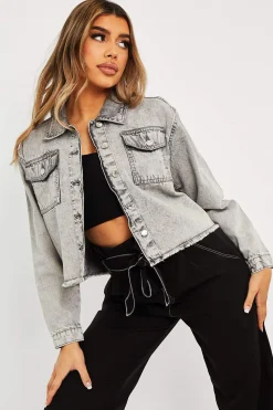 Rebellious Fashion Grey Acid Frayed Hem Cropped Denim Jacket - Caryn