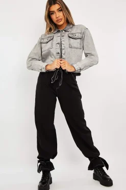 Rebellious Fashion Grey Acid Frayed Hem Cropped Denim Jacket - Caryn