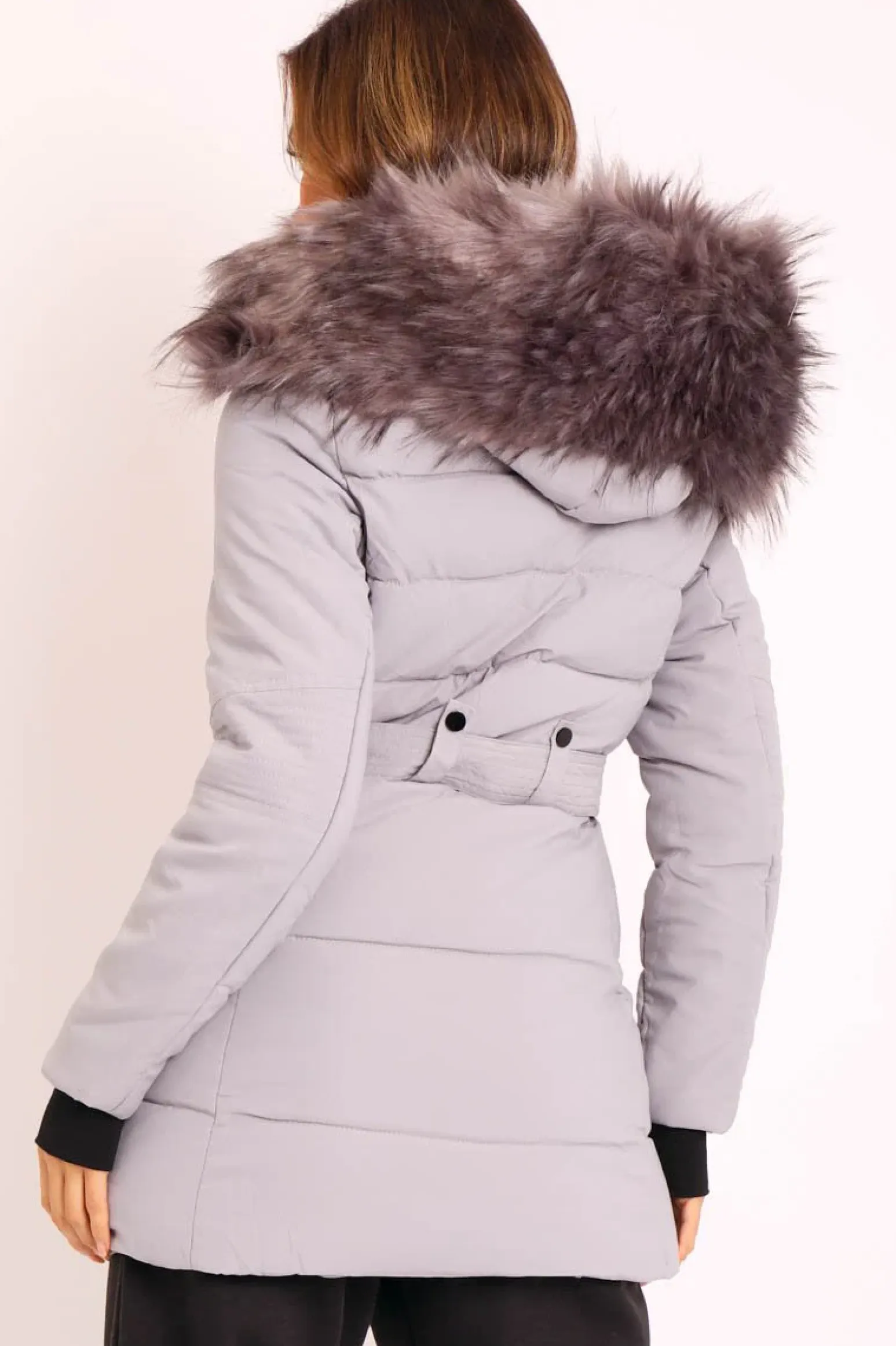 Rebellious Fashion Grey Adjustable Waist Longline Puffer Coat - Zofia