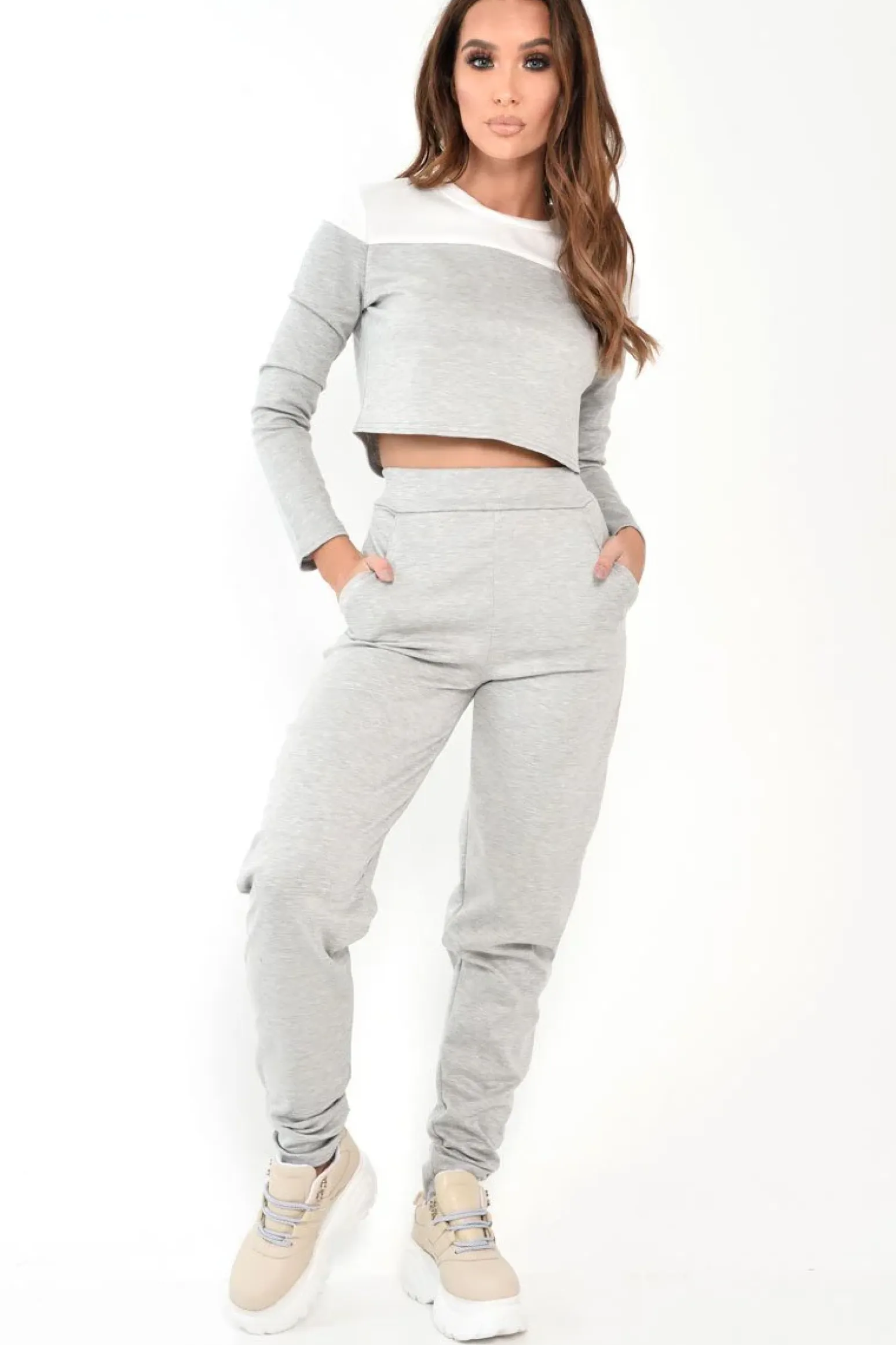 Rebellious Fashion Grey and White Contrast Panel Tracksuit - Soraya