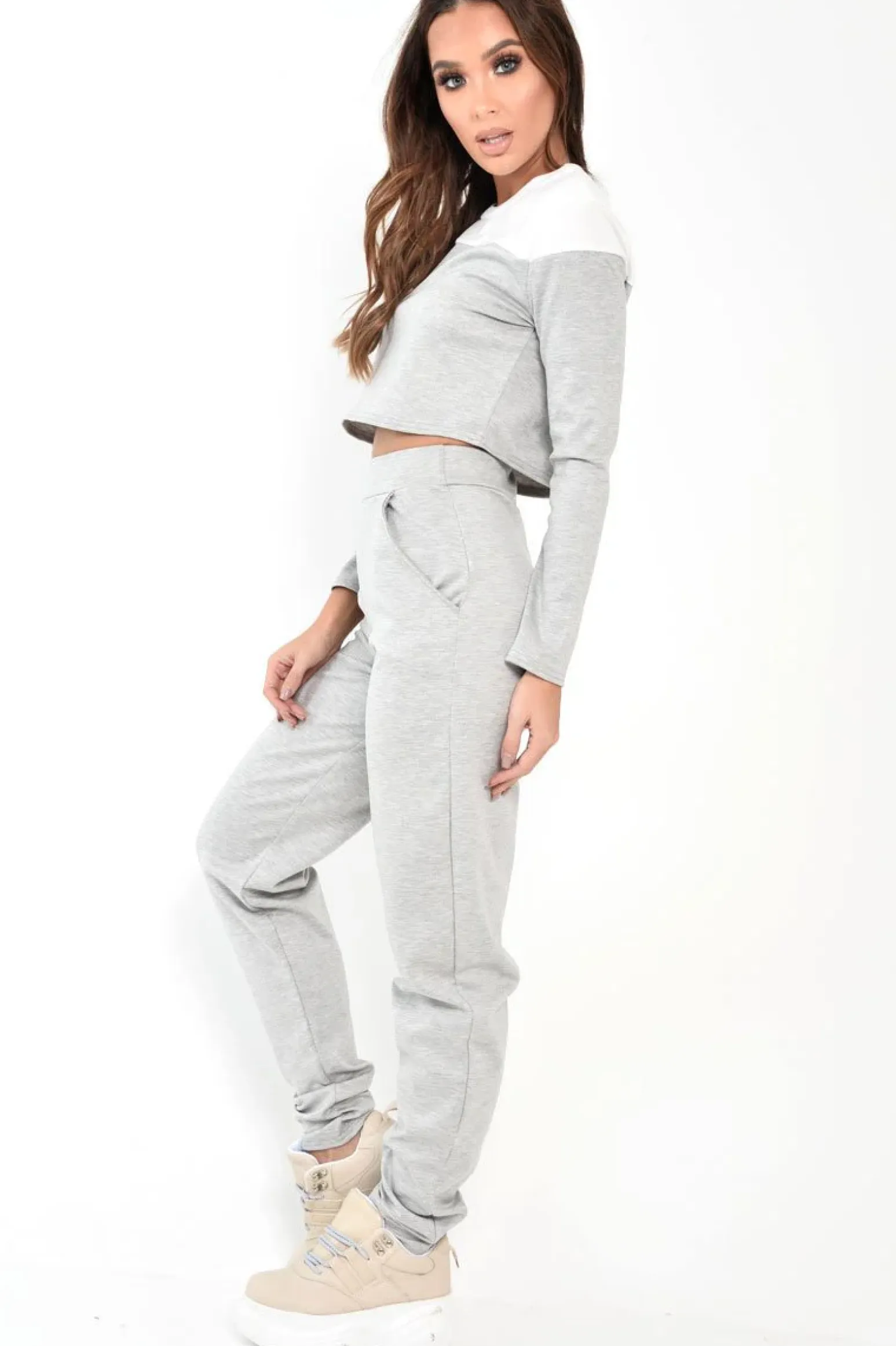 Rebellious Fashion Grey and White Contrast Panel Tracksuit - Soraya