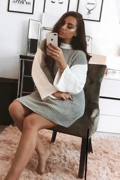 Rebellious Fashion Grey And White Knitted High Neck Oversized Jumper - Cerina