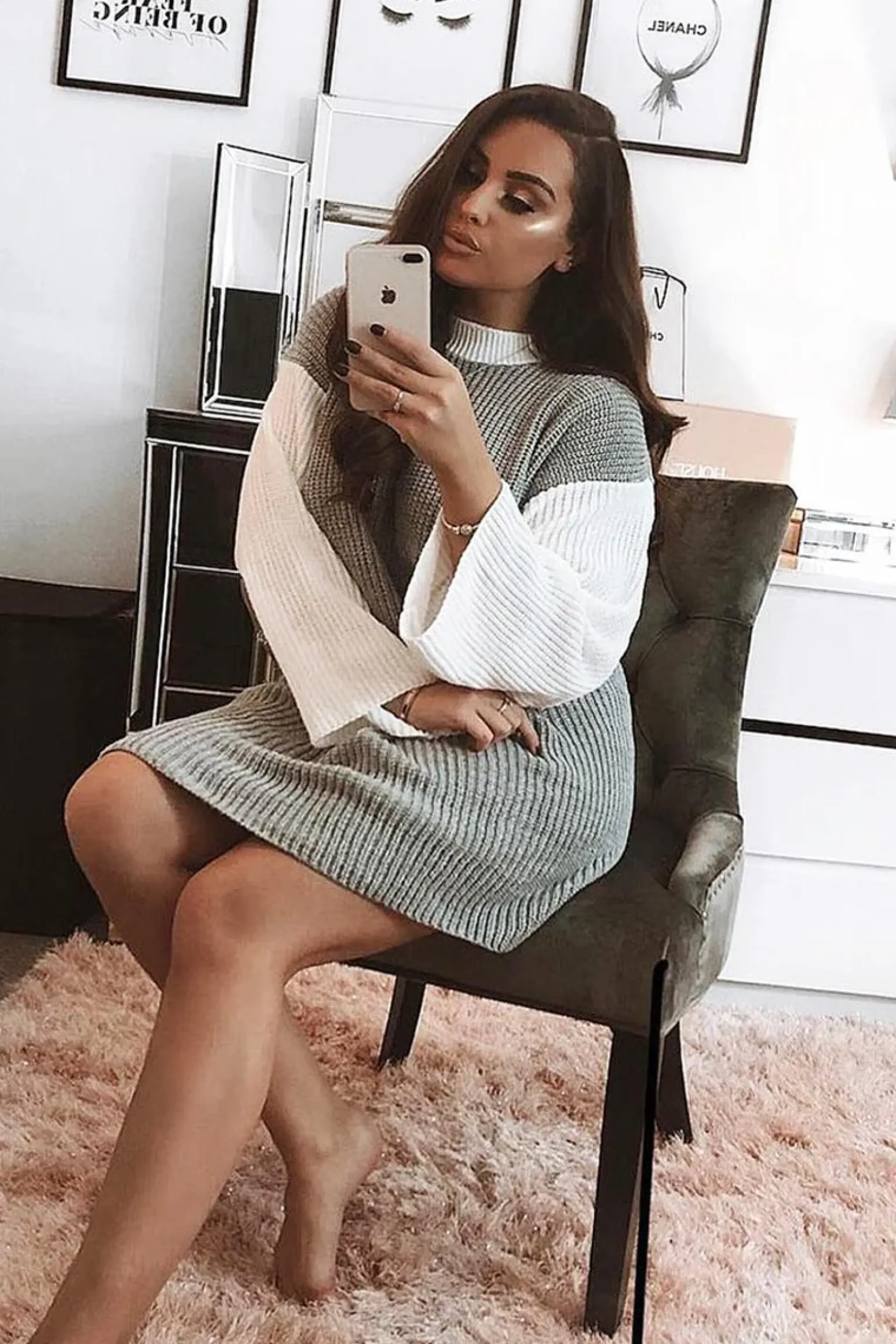 Rebellious Fashion Grey And White Knitted High Neck Oversized Jumper - Cerina