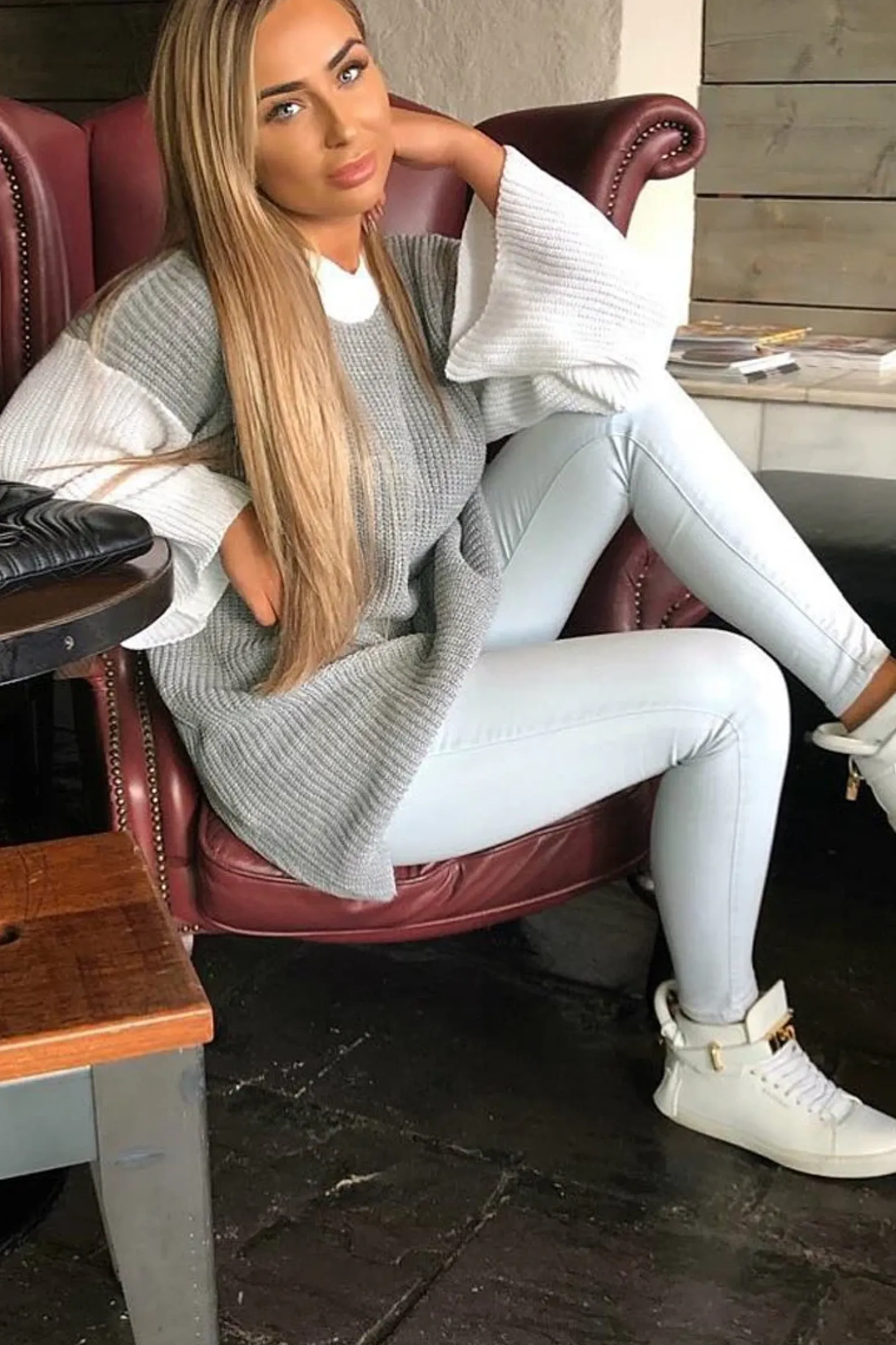 Rebellious Fashion Grey And White Knitted High Neck Oversized Jumper - Cerina