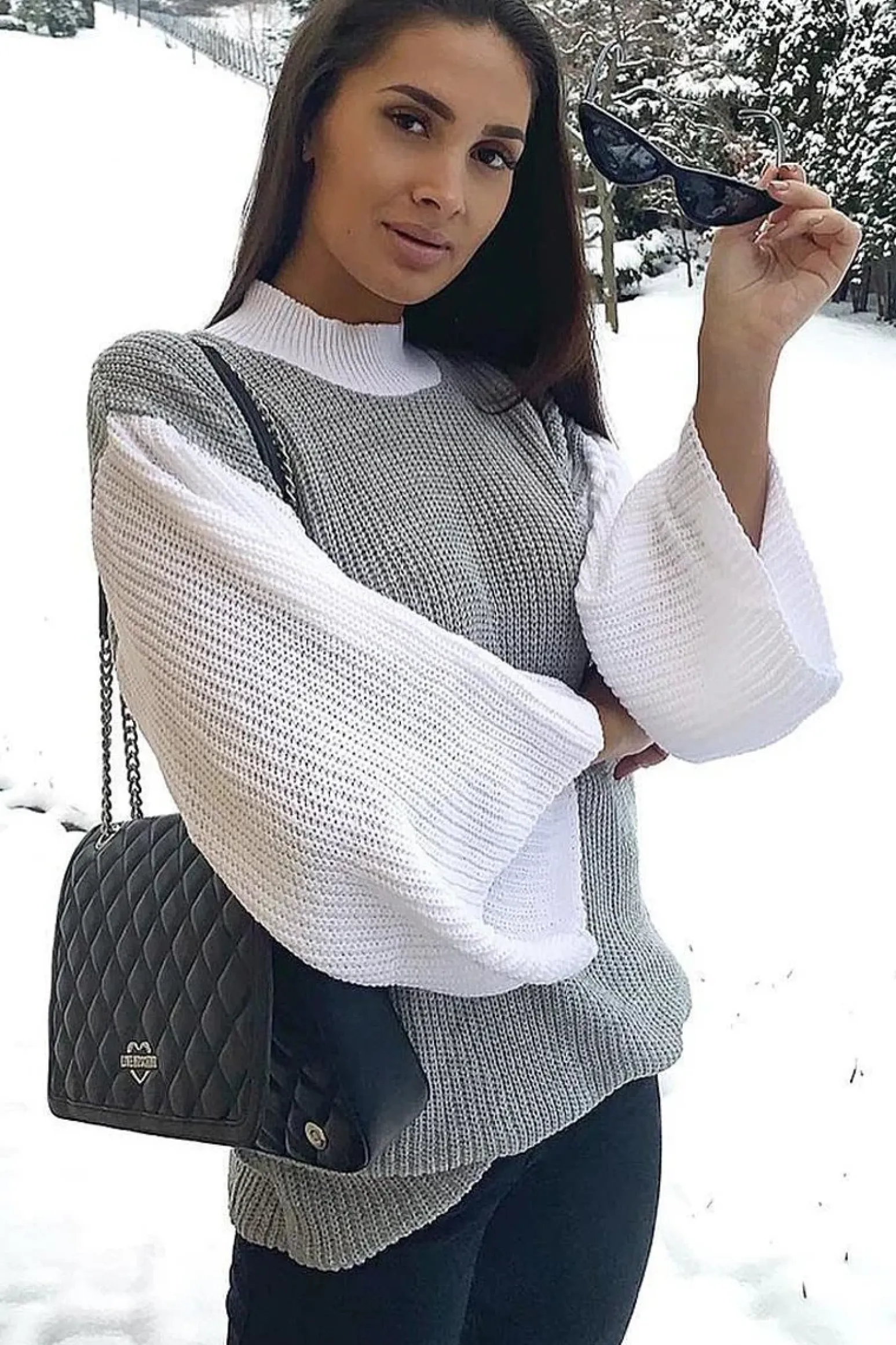 Rebellious Fashion Grey And White Knitted High Neck Oversized Jumper - Cerina