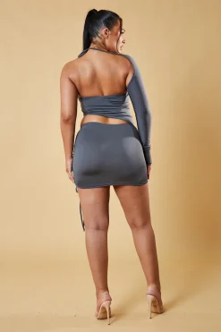 Rebellious Fashion Grey Asymmetric One Sleeve Crop Top & Ruched Mini Skirt Co-ord Set - Darcie