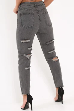 Rebellious Fashion Grey Back Rip Mom Jeans - Shanice